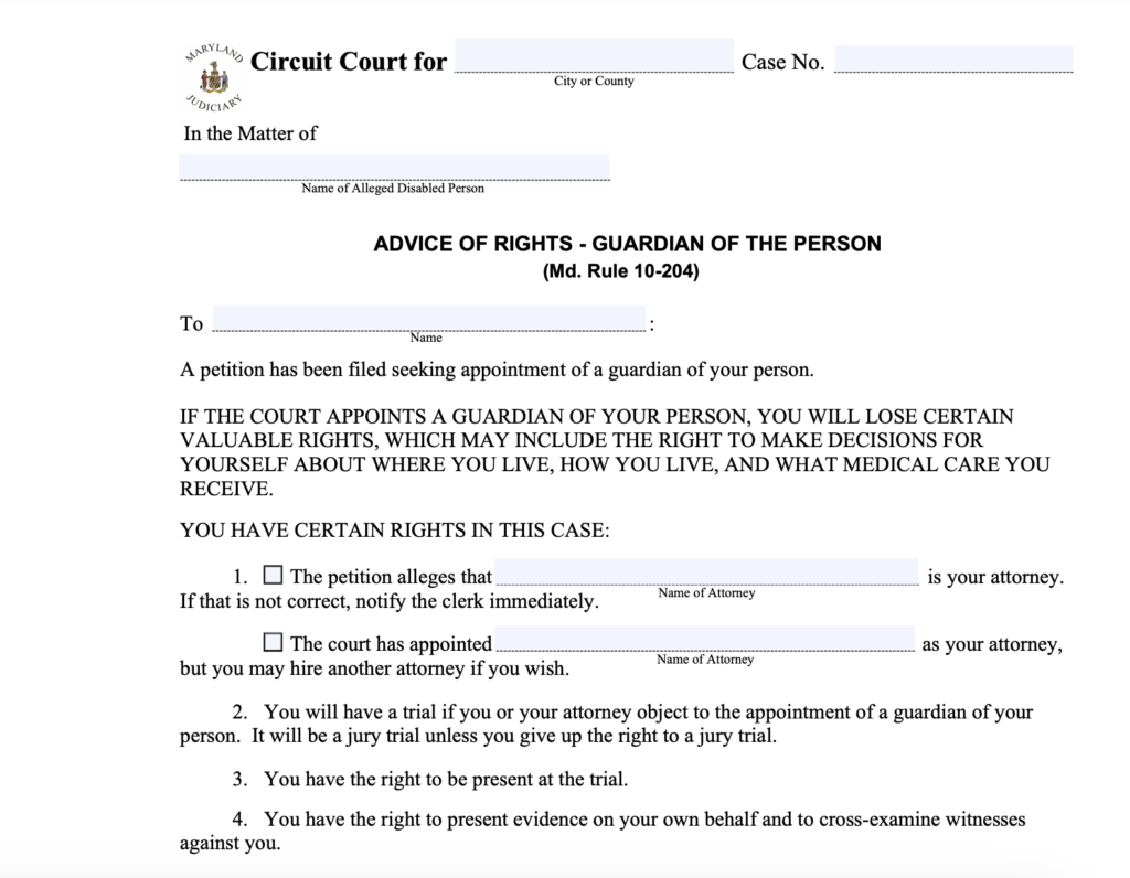 This is a photograph of Maryland court form CC-GN-015, the Advice of Rights, Guardian of the Person document. 